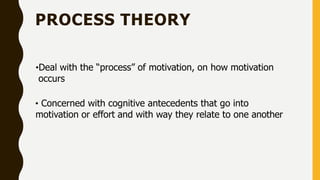 PROCESS THEORY
•Deal with the “process” of motivation, on how motivation
occurs
• Concerned with cognitive antecedents that go into
motivation or effort and with way they relate to one another
 