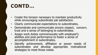 CONTD…
• Create the tension necessary to maintain productivity
while encouraging subordinate job satisfaction.
• Clearly communicate expectations to subordinates.
• Demonstrate and communicate sincere respect, concern,
trust and a sense of belonging to subordinates.
• Assign work duties commensurate with employee‟s
abilities and post performance to foster a sense of
accomplishment in subordinates.
• Identify achievement, affiliation or power needs of
subordinates and develop appropriate motivational
strategies to meet those needs.
 