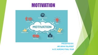 MOTIVATION
PRESENTED BY:
MR.ABHAY RAJPOOT
M.SC.NURSING FINAL YEAR
 