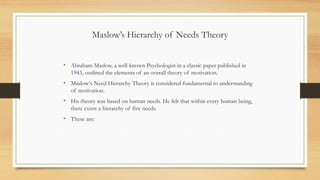 Maslow’s Hierarchy of Needs Theory
• Abraham Maslow, a well-known Psychologist in a classic paper published in
1943, outlined the elements of an overall theory of motivation.
• Maslow‘s Need Hierarchy Theory is considered fundamental to understanding
of motivation.
• His theory was based on human needs. He felt that within every human being,
there exists a hierarchy of five needs.
• These are:
 
