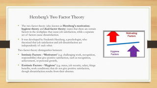 Herzberg’s Two Factor Theory
• The two-factor theory (also known as Herzberg's motivation-
hygiene theory and dual-factor theory) states that there are certain
factors in the workplace that cause job satisfaction, while a separate
set of factors cause dissatisfaction.
• It was developed by Frederick Herzberg, a psychologist, who
theorized that job satisfaction and job dissatisfaction act
independently of each other.
Two-factor theory distinguishes between:
• Intrinsic Factors - ‘Motivators’ (e.g. challenging work, recognition,
responsibility) that give positive satisfaction, such as recognition,
achievement, or personal growth,
• Extrinsic Factors - ‘Hygiene’ (e.g. status, job security, salary, fringe
benefits, work conditions) that do not give positive satisfaction,
though dissatisfaction results from their absence.
 