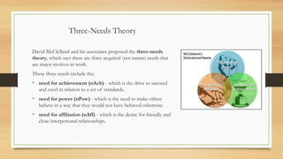 Three-Needs Theory
David McClelland and his associates proposed the three-needs
theory, which says there are three acquired (not innate) needs that
are major motives in work.
These three needs include the:
• need for achievement (nAch) - which is the drive to succeed
and excel in relation to a set of standards.
• need for power (nPow) - which is the need to make others
behave in a way that they would not have behaved otherwise.
• need for affiliation (nAff) - which is the desire for friendly and
close interpersonal relationships.
 