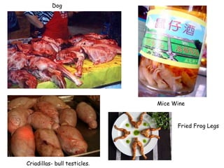 Criadillas- bull testicles.
Mice Wine
Dog
Fried Frog Legs
 