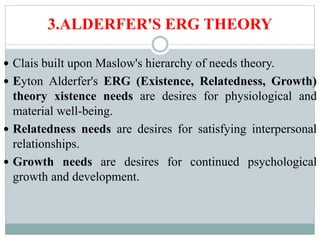 3.ALDERFER'S ERG THEORY
 Clais built upon Maslow's hierarchy of needs theory.
 Eyton Alderfer's ERG (Existence, Relatedness, Growth)
theory xistence needs are desires for physiological and
material well-being.
 Relatedness needs are desires for satisfying interpersonal
relationships.
 Growth needs are desires for continued psychological
growth and development.
 