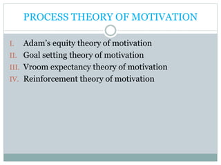 PROCESS THEORY OF MOTIVATION
I. Adam’s equity theory of motivation
II. Goal setting theory of motivation
III. Vroom expectancy theory of motivation
IV. Reinforcement theory of motivation
 
