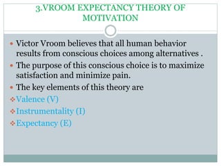 3.VROOM EXPECTANCY THEORY OF
MOTIVATION
 Victor Vroom believes that all human behavior
results from conscious choices among alternatives .
 The purpose of this conscious choice is to maximize
satisfaction and minimize pain.
 The key elements of this theory are
Valence (V)
Instrumentality (I)
Expectancy (E)
 