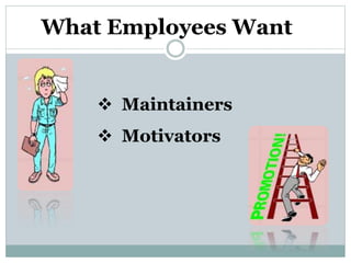 What Employees Want
 Maintainers
 Motivators
 