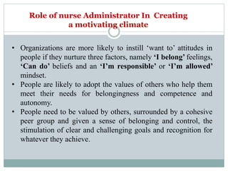 Role of nurse Administrator In Creating
a motivating climate
• Organizations are more likely to instill ‘want to’ attitudes in
people if they nurture three factors, namely ‘I belong’ feelings,
‘Can do’ beliefs and an ‘I’m responsible’ or ‘I’m allowed’
mindset.
• People are likely to adopt the values of others who help them
meet their needs for belongingness and competence and
autonomy.
• People need to be valued by others, surrounded by a cohesive
peer group and given a sense of belonging and control, the
stimulation of clear and challenging goals and recognition for
whatever they achieve.
 