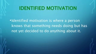 IDENTIFIED MOTIVATION
•Identified motivation is where a person
knows that something needs doing but has
not yet decided to do anything about it.
 