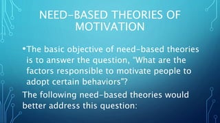 NEED-BASED THEORIES OF
MOTIVATION
•The basic objective of need-based theories
is to answer the question, “What are the
factors responsible to motivate people to
adopt certain behaviors"?
The following need-based theories would
better address this question:
 
