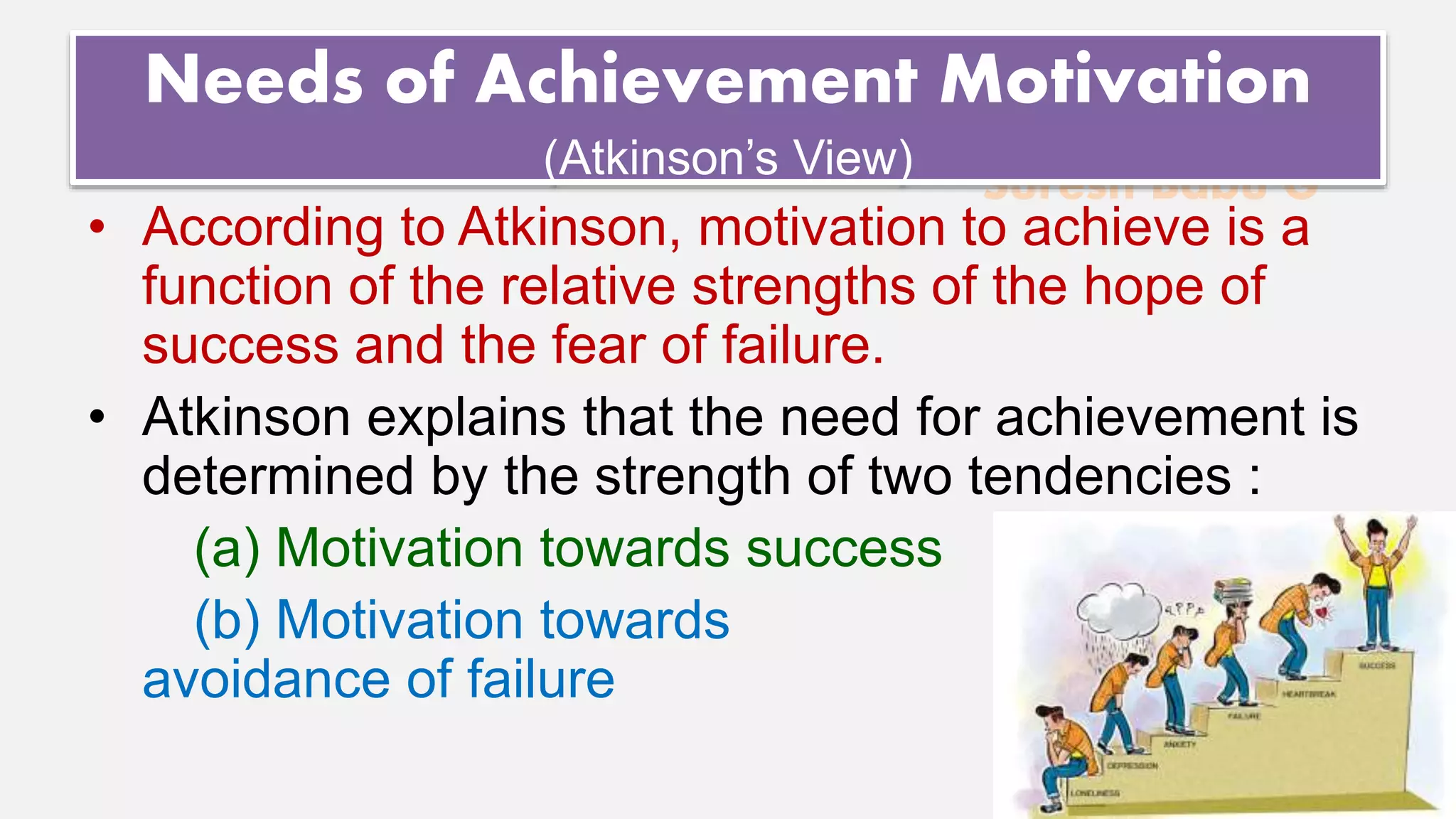Suresh Babu G
Needs of Achievement Motivation
(Atkinson’s View)
• According to Atkinson, motivation to achieve is a
function of the relative strengths of the hope of
success and the fear of failure.
• Atkinson explains that the need for achievement is
determined by the strength of two tendencies :
(a) Motivation towards success
(b) Motivation towards
avoidance of failure
 