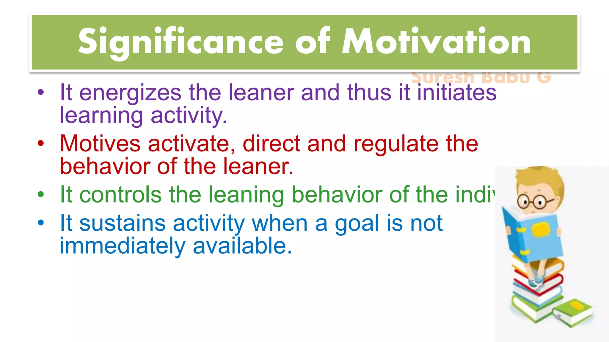 Suresh Babu G
Significance of Motivation
• It energizes the leaner and thus it initiates
learning activity.
• Motives activate, direct and regulate the
behavior of the leaner.
• It controls the leaning behavior of the individual.
• It sustains activity when a goal is not
immediately available.
 
