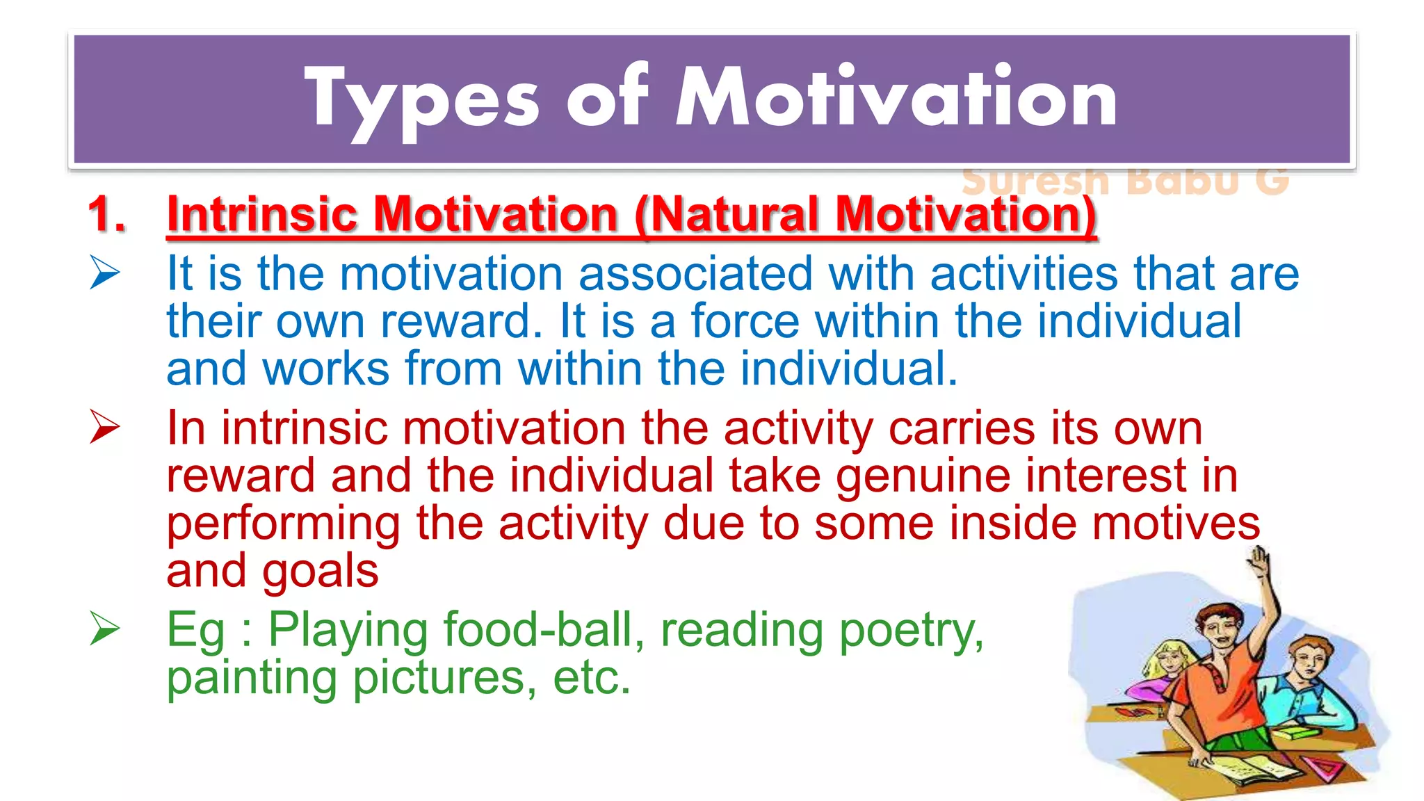 Suresh Babu G
Types of Motivation
1. Intrinsic Motivation (Natural Motivation)
 It is the motivation associated with activities that are
their own reward. It is a force within the individual
and works from within the individual.
 In intrinsic motivation the activity carries its own
reward and the individual take genuine interest in
performing the activity due to some inside motives
and goals
 Eg : Playing food-ball, reading poetry,
painting pictures, etc.
 