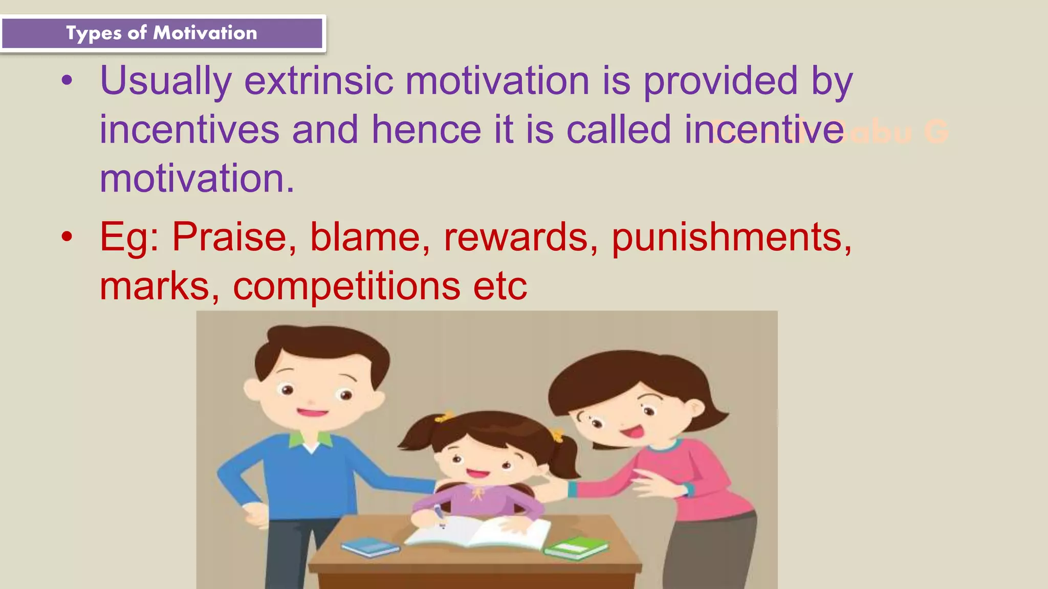 Suresh Babu G
• Usually extrinsic motivation is provided by
incentives and hence it is called incentive
motivation.
• Eg: Praise, blame, rewards, punishments,
marks, competitions etc
Types of Motivation
 