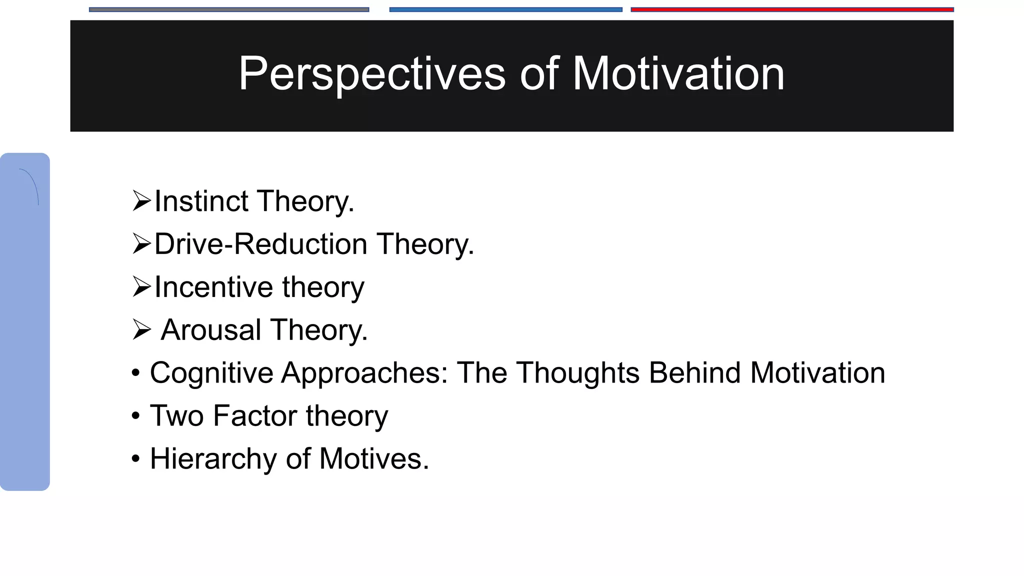 Perspectives of Motivation
Instinct Theory.
Drive‐Reduction Theory.
Incentive theory
 Arousal Theory.
• Cognitive Approaches: The Thoughts Behind Motivation
• Two Factor theory
• Hierarchy of Motives.
 