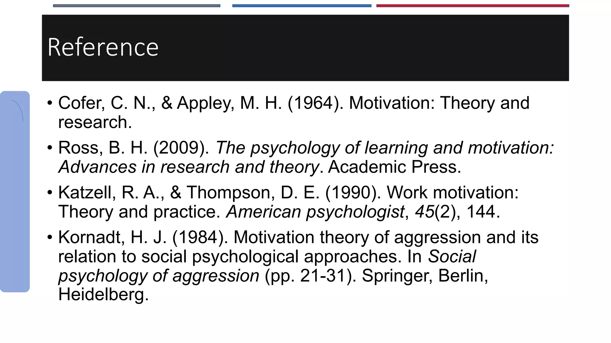 Reference
• Cofer, C. N., & Appley, M. H. (1964). Motivation: Theory and
research.
• Ross, B. H. (2009). The psychology of learning and motivation:
Advances in research and theory. Academic Press.
• Katzell, R. A., & Thompson, D. E. (1990). Work motivation:
Theory and practice. American psychologist, 45(2), 144.
• Kornadt, H. J. (1984). Motivation theory of aggression and its
relation to social psychological approaches. In Social
psychology of aggression (pp. 21-31). Springer, Berlin,
Heidelberg.
 