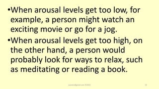 •When arousal levels get too low, for
example, a person might watch an
exciting movie or go for a jog.
•When arousal levels get too high, on
the other hand, a person would
probably look for ways to relax, such
as meditating or reading a book.
asareor@gmail.com ©2022 14
 