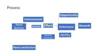 Process
Effort Rewards
Opportunity
Performance
Ability
tension
Need
&drives
Environement
Need satisfaction
Goals &
incentives
 