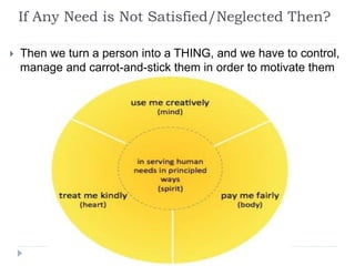 If Any Need is Not Satisfied/Neglected Then?
 Then we turn a person into a THING, and we have to control,
manage and carrot-and-stick them in order to motivate them
 