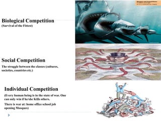 Biological Competition
(Survival of the Fittest)
Social Competition
The struggle between the classes (cultures,
societies, countries etc.)
Individual Competition
(Every human being is in the state of war. One
can only win if he/she Kills others.
There is war at: home office school job
opening Mosques)
 