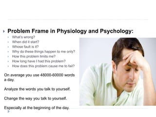  Problem Frame in Physiology and Psychology:
 What’s wrong?
 When did it start?
 Whose fault is it?
 Why do these things happen to me only?
 How this problem limits me?
 How long have I had this problem?
 How does this problem cause me to fail?
On average you use 48000-60000 words
a day.
Analyze the words you talk to yourself.
Change the way you talk to yourself.
Especially at the beginning of the day.
 