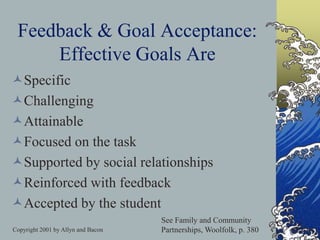 Copyright 2001 by Allyn and Bacon
Feedback & Goal Acceptance:
Effective Goals Are
Specific
Challenging
Attainable
Focused on the task
Supported by social relationships
Reinforced with feedback
Accepted by the student
See Family and Community
Partnerships, Woolfolk, p. 380
 