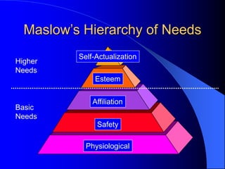 Physiological
Safety
Affiliation
Esteem
Self-Actualization
Maslow’s Hierarchy of Needs
Basic
Needs
Higher
Needs
 