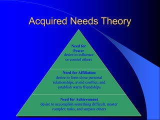 Acquired Needs Theory
Need for Achievement
desire to accomplish something difficult, master
complex tasks, and surpass others
Need for Affiliation
desire to form close personal
relationships, avoid conflict, and
establish warm friendships
Need for
Power
desire to influence
or control others
 