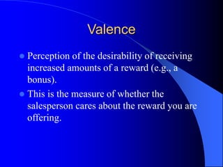 Valence
 Perception of the desirability of receiving
increased amounts of a reward (e.g., a
bonus).
 This is the measure of whether the
salesperson cares about the reward you are
offering.
 