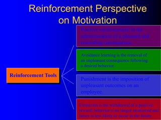 Reinforcement Perspective
on Motivation
Reinforcement Tools
Positive reinforcement in the
administration of a pleasant and
rewarding consequence.
Avoidance learning is the removal of
an unpleasant consequence following
a desired behavior.
Punishment is the imposition of
unpleasant outcomes on an
employee.
Extinction is the withdrawal of a positive
reward; behavior is no longer reinforced and
hence is less likely to occur in the future.
 