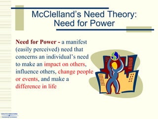 McClelland’s Need Theory:
Need for Power
Need for Power - a manifest
(easily perceived) need that
concerns an individual’s need
to make an impact on others,
influence others, change people
or events, and make a
difference in life
 