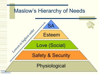 Maslow’s Hierarchy of Needs
Physiological
Safety & Security
Love (Social)
Esteem
SA
 