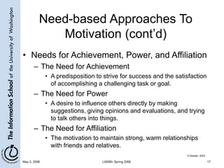 May 2, 2006 LIS580- Spring 2006 17
Need-based Approaches To
Motivation (cont’d)
• Needs for Achievement, Power, and Affiliation
– The Need for Achievement
• A predisposition to strive for success and the satisfaction
of accomplishing a challenging task or goal.
– The Need for Power
• A desire to influence others directly by making
suggestions, giving opinions and evaluations, and trying
to talk others into things.
– The Need for Affiliation
• The motivation to maintain strong, warm relationships
with friends and relatives.
G.Dessler, 2003
 