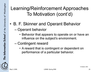 May 2, 2006 LIS580- Spring 2006 24
Learning/Reinforcement Approaches
To Motivation (cont’d)
• B. F. Skinner and Operant Behavior
– Operant behavior
• Behavior that appears to operate on or have an
influence on the subject’s environment.
– Contingent reward
• A reward that is contingent or dependent on
performance of a particular behavior.
G.Dessler, 2003
 