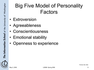 May 2, 2006 LIS580- Spring 2006 6
Big Five Model of Personality
Factors
• Extroversion
• Agreeableness
• Conscientiousness
• Emotional stability
• Openness to experience
Prentice Hall, 2002
 