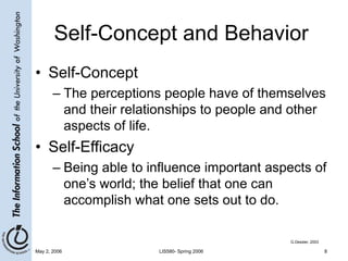 May 2, 2006 LIS580- Spring 2006 8
Self-Concept and Behavior
• Self-Concept
– The perceptions people have of themselves
and their relationships to people and other
aspects of life.
• Self-Efficacy
– Being able to influence important aspects of
one’s world; the belief that one can
accomplish what one sets out to do.
G.Dessler, 2003
 