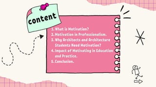 What is Motivation?
1.
Motivation in Professionalism.
2.
Why Architects and Architecture
Students Need Motivation?
3.
Impact of Motivating in Education
and Practice.
4.
Conclusion.
5.
content
 