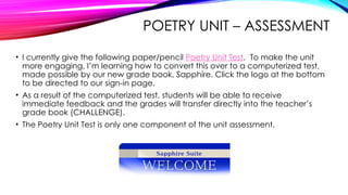 POETRY UNIT – ASSESSMENT
• I currently give the following paper/pencil Poetry Unit Test. To make the unit
more engaging, I’m learning how to convert this over to a computerized test,
made possible by our new grade book, Sapphire. Click the logo at the bottom
to be directed to our sign-in page.
• As a result of the computerized test, students will be able to receive
immediate feedback and the grades will transfer directly into the teacher’s
grade book (CHALLENGE).
• The Poetry Unit Test is only one component of the unit assessment.
 