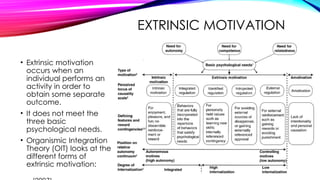 EXTRINSIC MOTIVATION
• Extrinsic motivation
occurs when an
individual performs an
activity in order to
obtain some separate
outcome.
• It does not meet the
three basic
psychological needs.
• Organismic Integration
Theory (OIT) looks at the
different forms of
extrinsic motivation:
 