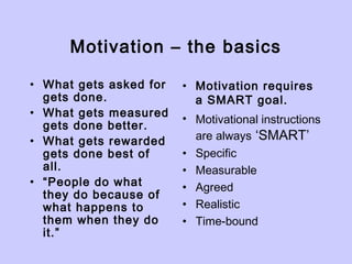 Motivation – the basics
• What gets asked for
gets done.
• What gets measured
gets done better.
• What gets rewarded
gets done best of
all.
• “People do what
they do because of
what happens to
them when they do
it.”
• Motivation requires
a SMART goal.
• Motivational instructions
are always ‘SMART’
• Specific
• Measurable
• Agreed
• Realistic
• Time-bound
 