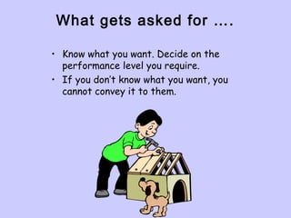 What gets asked for ….
• Know what you want. Decide on the
performance level you require.
• If you don’t know what you want, you
cannot convey it to them.
 