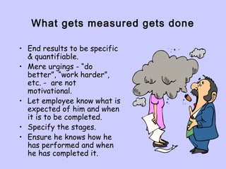 What gets measured gets done
• End results to be specific
& quantifiable.
• Mere urgings - “do
better”, “work harder”,
etc. - are not
motivational.
• Let employee know what is
expected of him and when
it is to be completed.
• Specify the stages.
• Ensure he knows how he
has performed and when
he has completed it.
 