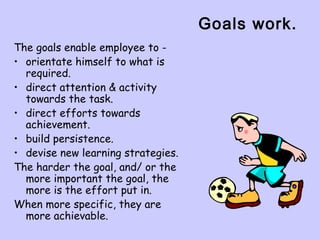 Goals work.
The goals enable employee to -
• orientate himself to what is
required.
• direct attention & activity
towards the task.
• direct efforts towards
achievement.
• build persistence.
• devise new learning strategies.
The harder the goal, and/ or the
more important the goal, the
more is the effort put in.
When more specific, they are
more achievable.
 
