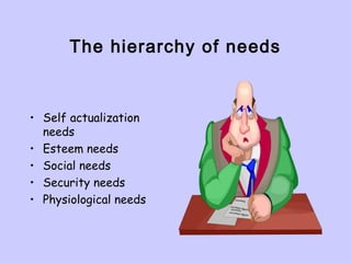 The hierarchy of needs
• Self actualization
needs
• Esteem needs
• Social needs
• Security needs
• Physiological needs
 