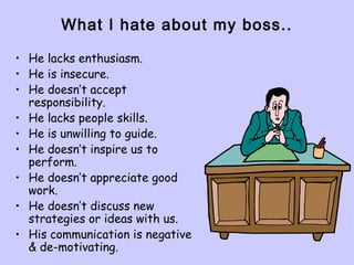 What I hate about my boss..
• He lacks enthusiasm.
• He is insecure.
• He doesn’t accept
responsibility.
• He lacks people skills.
• He is unwilling to guide.
• He doesn’t inspire us to
perform.
• He doesn’t appreciate good
work.
• He doesn’t discuss new
strategies or ideas with us.
• His communication is negative
& de-motivating.
 
