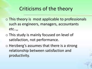 Criticisms of the theory
o This theory is most applicable to professionals
such as engineers, managers, accountants
etc..,,
o This study is mainly focused on level of
satisfaction, not performance.
o Herzberg’s assumes that there is a strong
relationship between satisfaction and
productivity.
 