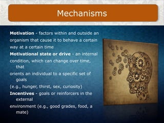 Motivation - factors within and outside an
organism that cause it to behave a certain
way at a certain time
Motivational state or drive - an internal
condition, which can change over time,
that
orients an individual to a specific set of
goals
(e.g., hunger, thirst, sex, curiosity)
Incentives - goals or reinforcers in the
external
environment (e.g., good grades, food, a
mate)
Mechanisms
 