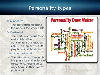 • Task-oriented
– The motivation for doing
the work is the work itself
• Self-oriented
– The work is a means to an
end which is the
achievement of individual
goals - e.g. to get rich, to
play tennis, to travel etc.
• Interaction-oriented
– The principal motivation is
the presence and actions of
co-workers. People go to
work because they like to
go to work.
Personality types
 