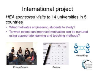 International project
HEA sponsored visits to 14 universities in 5
countries
• What motivates engineering students to study?
• To what extent can improved motivation can be nurtured
using appropriate learning and teaching methods?
Focus Groups Survey
Networking
 