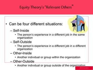• Can be four different situations:
– Self-Inside
• The person’s experience in a different job in the same
organization
– Self-Outside
• The person’s experience in a different job in a different
organization
– Other-Inside
• Another individual or group within the organization
– Other-Outside
• Another individual or group outside of the organization
EquityTheory’s “Relevant Others”
GR3ETCH.4 @2014.4
 